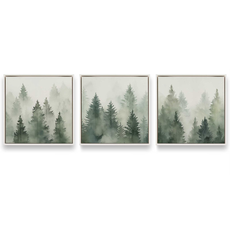 Green Haze Woodland, ensemble de 3, reproduction sur toile, Cadre flottant blanc, H 16,75 po x l 16,75 po x P 1,75 po