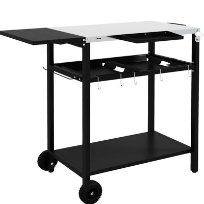 Chariot de table de service extérieur en acier inoxydable, 2 niveaux de rangement, tablette d'assaisonnement, roulettes, crochets, support à serviette et sac à ordures, plateau de table d'îlot de cuisine mobile de patio noir, 2 supports, support de transporteur,