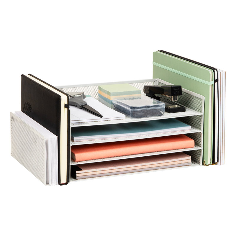 Organisateur de bureau, rangement pour dossiers, bac à papier, espace de travail, bureau, filet métallique, blanc, White