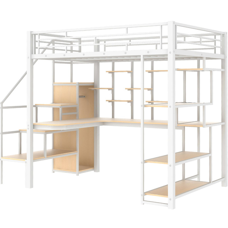Lit mezzanine blanc avec rangement, escalier et bureau en métal