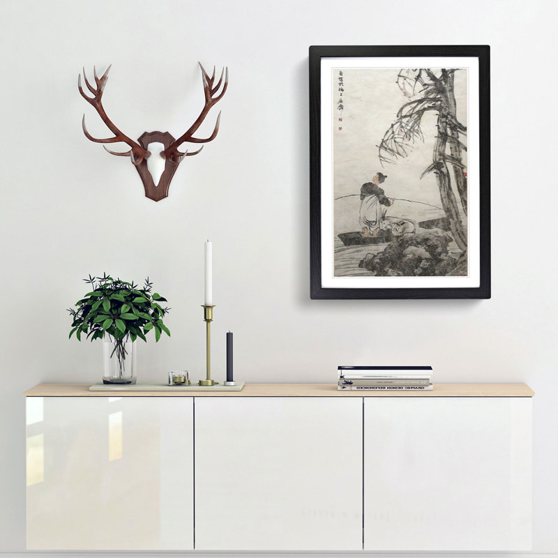 Man with Goats by Ren Yi - Framed Print, 65cm H x 48cm W x 2cm D, Black Framed