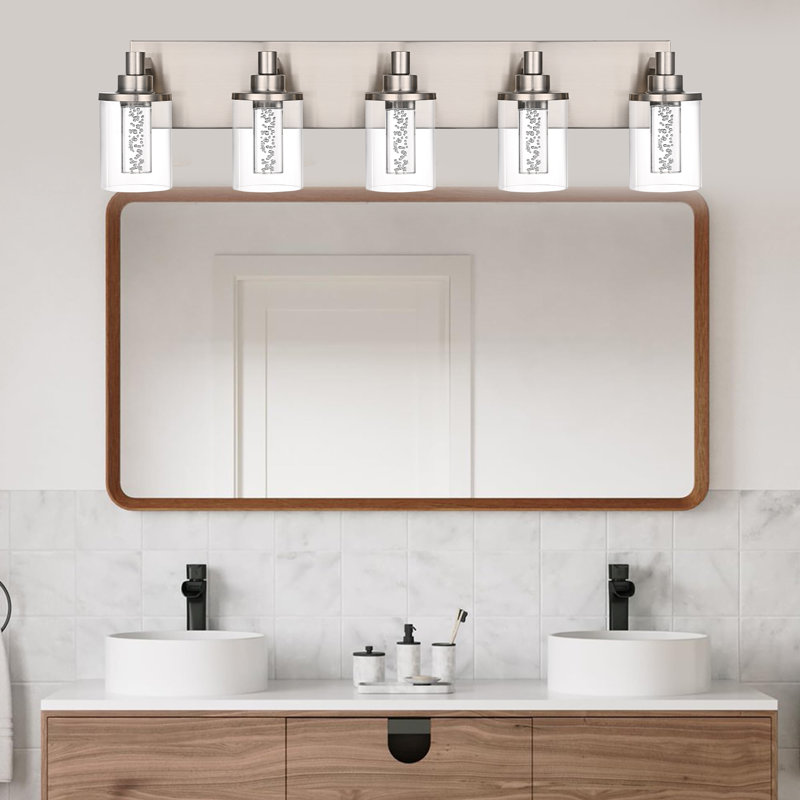Vanity Light (5-Light), (3000K/3500K/4500K/5000K/6000K, Dimmable), Eye Protection LED Bathroom Light Fixture, Modern Wall Light Over Mirror With Clear Glass Shade