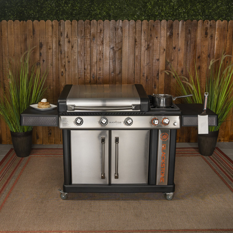 Blackstone Patio Pro 3-Burner Free Standing Liquid Propane 48000 BTU Gas Grill with Side Burner and Cabinet