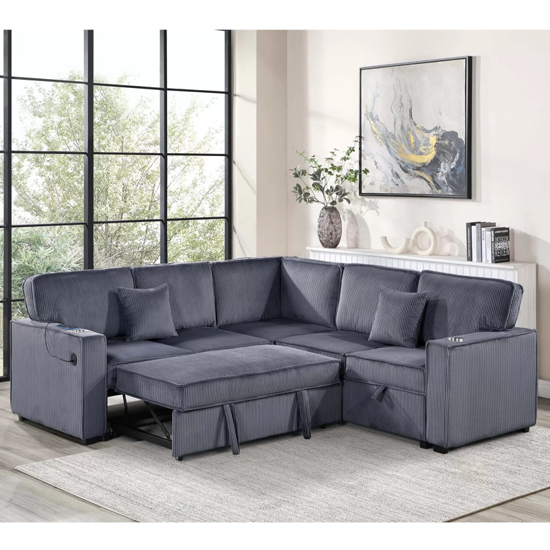 3-Piece Corduroy Upholstered L-Shaped Convertible Sectional With Built-In Cup Holders, Dark Gray Corduroy