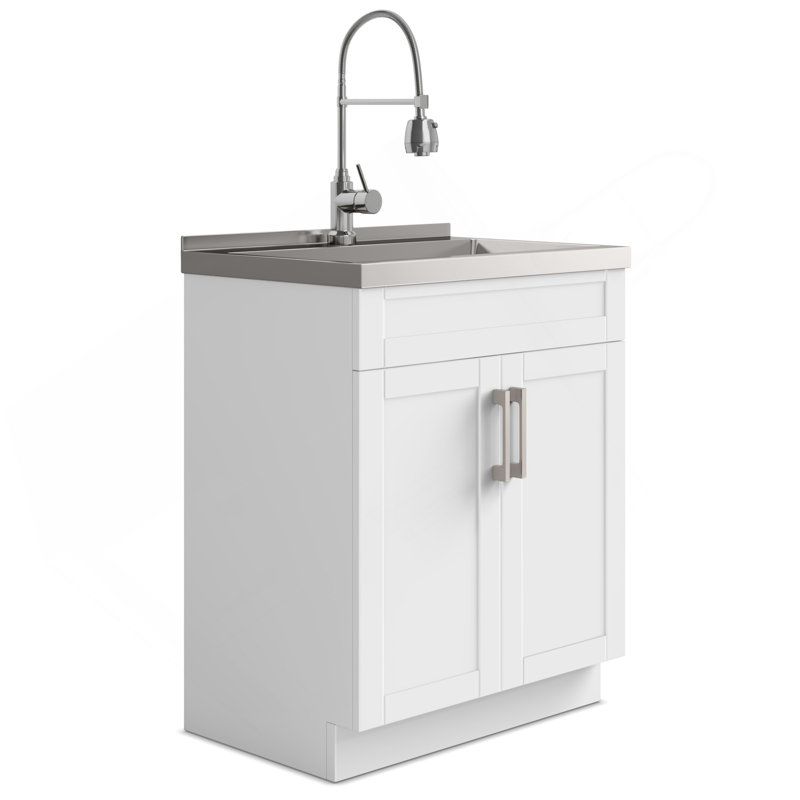 Armoire à linge 28 po avec robinet et évier en acier inoxydable 28 po - Blanc, H 34,25 po x l 27,6 po x P 18,9 po