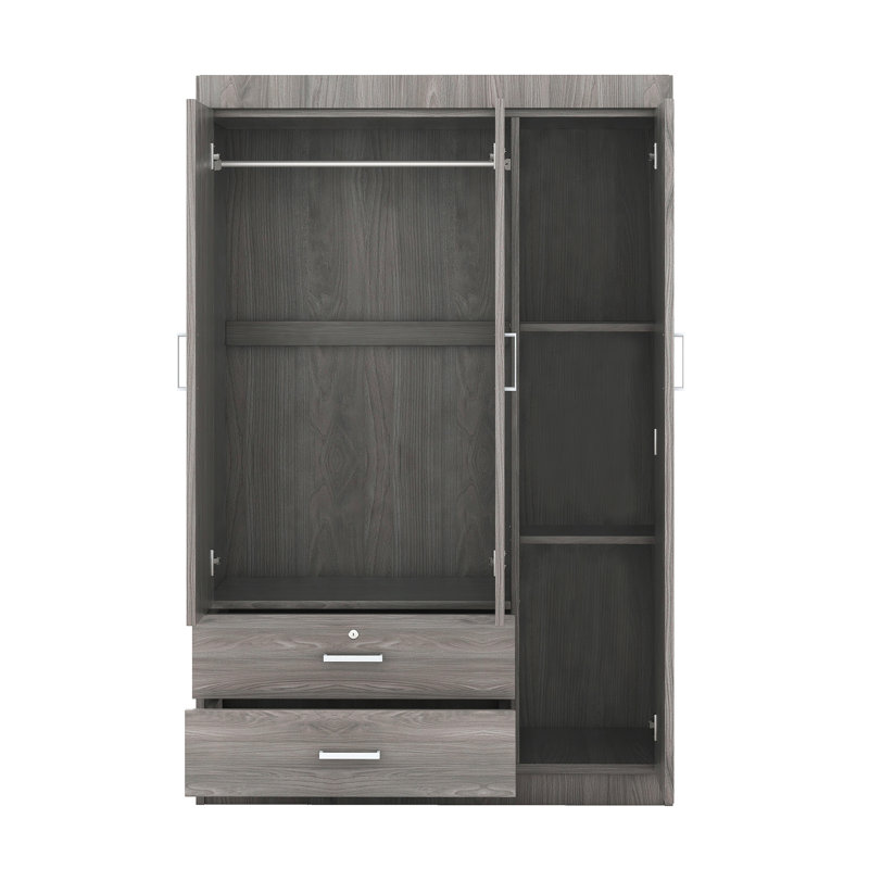 Armoire-penderie moderne à 3 portes avec tiroir verrouillable et rail de suspension, Grey