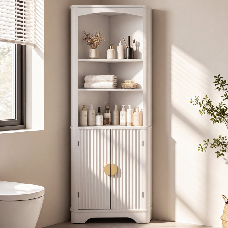Grande armoire de coin cannelée Farmhouse avec tablettes ouvertes, l 15,75 po x H 68,9 po, Blanc