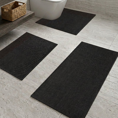 3 Piece Textured Linen-Look Bath Rug Set with Non-Slip Backing