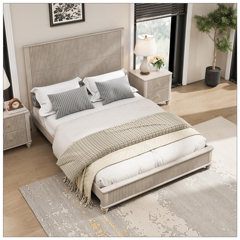 Solid Wood Bed Frame, Beige, Queen