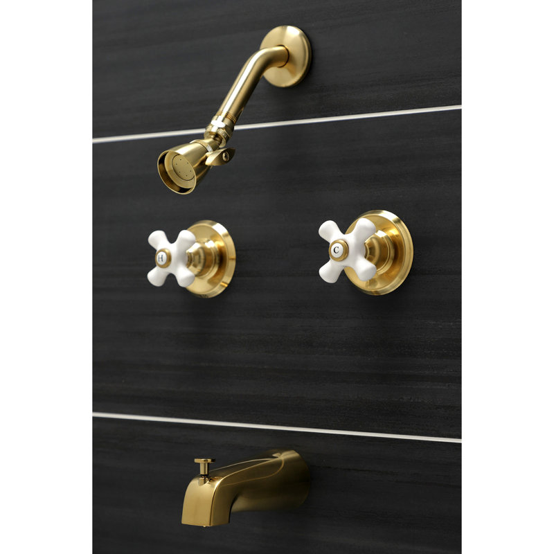 Kingston Brass Victorian Double-Handle Tub and Shower Faucet, Cross, Brushed Brass