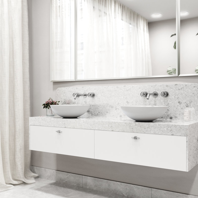 Lotus 16" L x 16" W x 5" H Round White Matte Stone™ Vessel Bathroom Sink with 3" H Faucet
