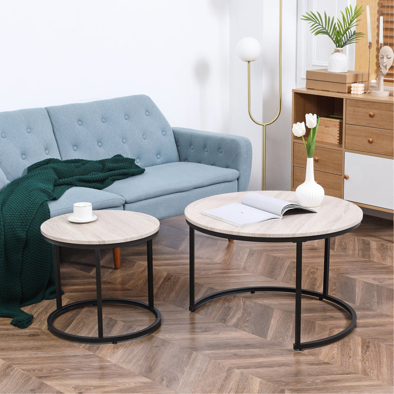 Round Nesting Tables Set Of 2, Stacking Coffee Table Set With Metal Frame For Living Room,