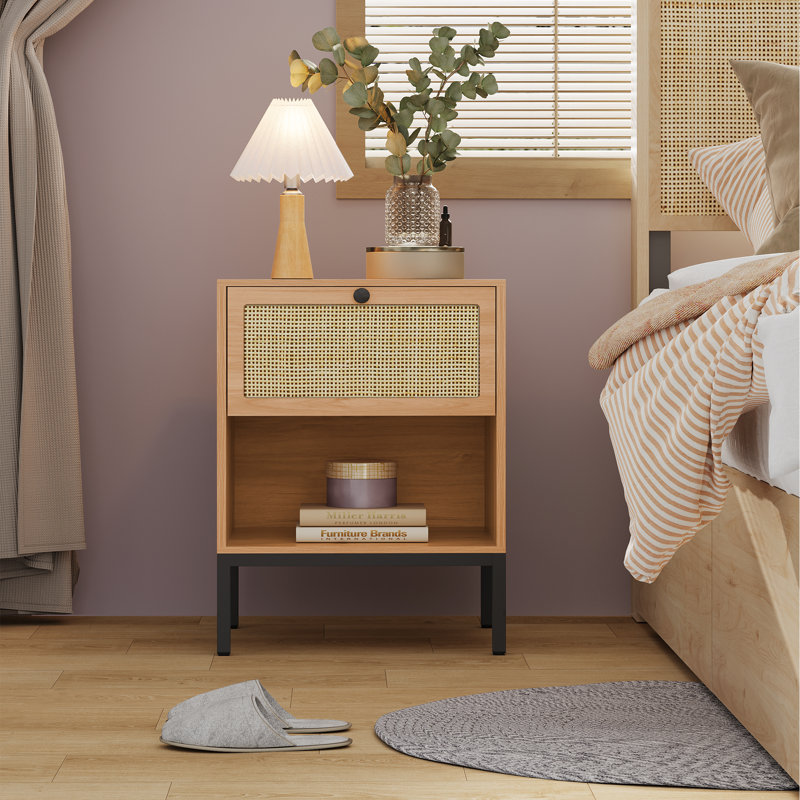 Bosonohy Boho Natural Rattan 1-Drawer Nightstand, Yellow Wood