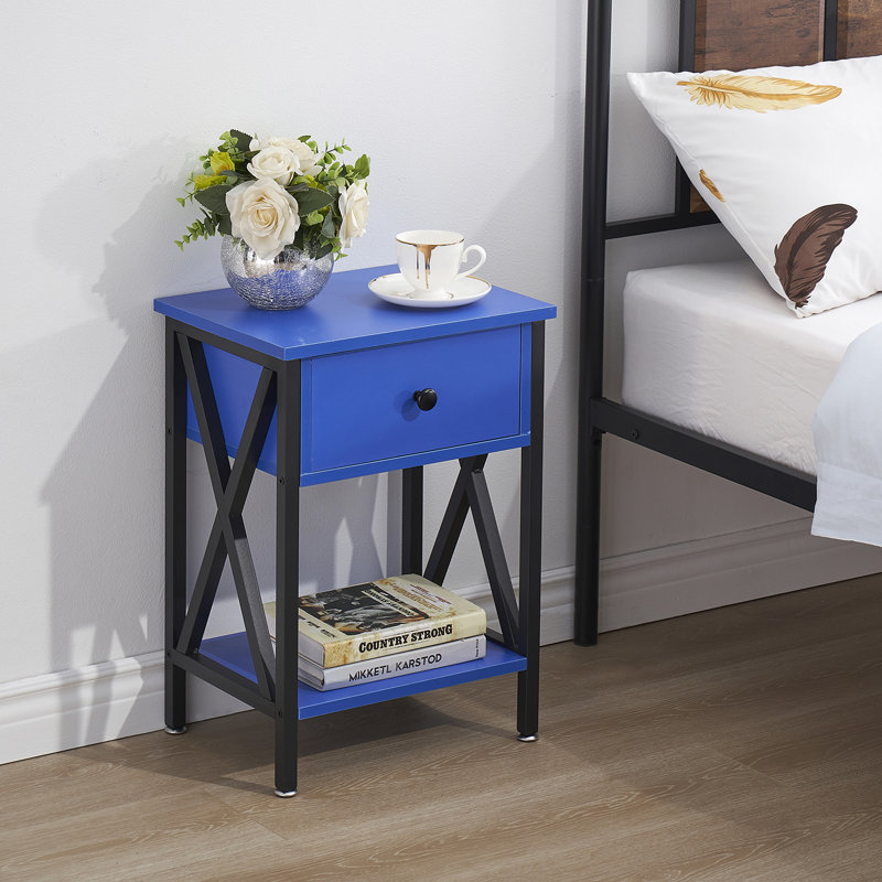 Alameen Nightstand Wood Bedside Table Small Nightstand with Drawer and Shelf for Bedroom, Living Room, Dorm, Dark Blue