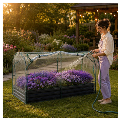 Potager surélevé en métal galvanisé de 180 cm x 90 cm avec mini-serre amovible en PVC, jardinière d'extérieur noire pour légumes et semis