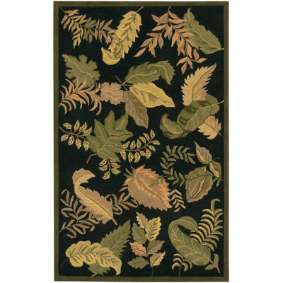 Frias Authentic Hand-Tufted Handmade Black, Sage Green & Gold Tropical Botanical Jungle Foliage Wool Area Rug