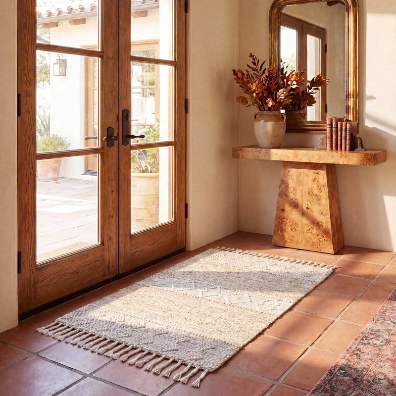 Angadveer Hand Woven Wool/Cotton Geometric;Southwestern Rug in Ivory/Beige, Rectangle 3' x 5'