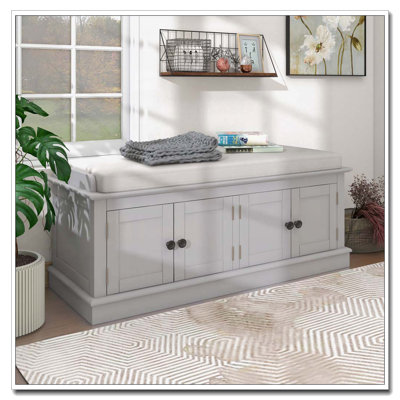 Storage Bench with 4 Doors and Adjustable Shelves,Removable Cushion