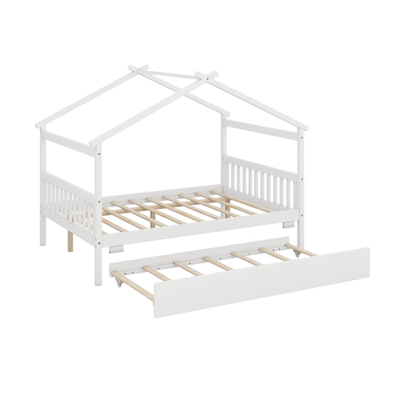 Lit double en bois avec lit gigogne, Blanc