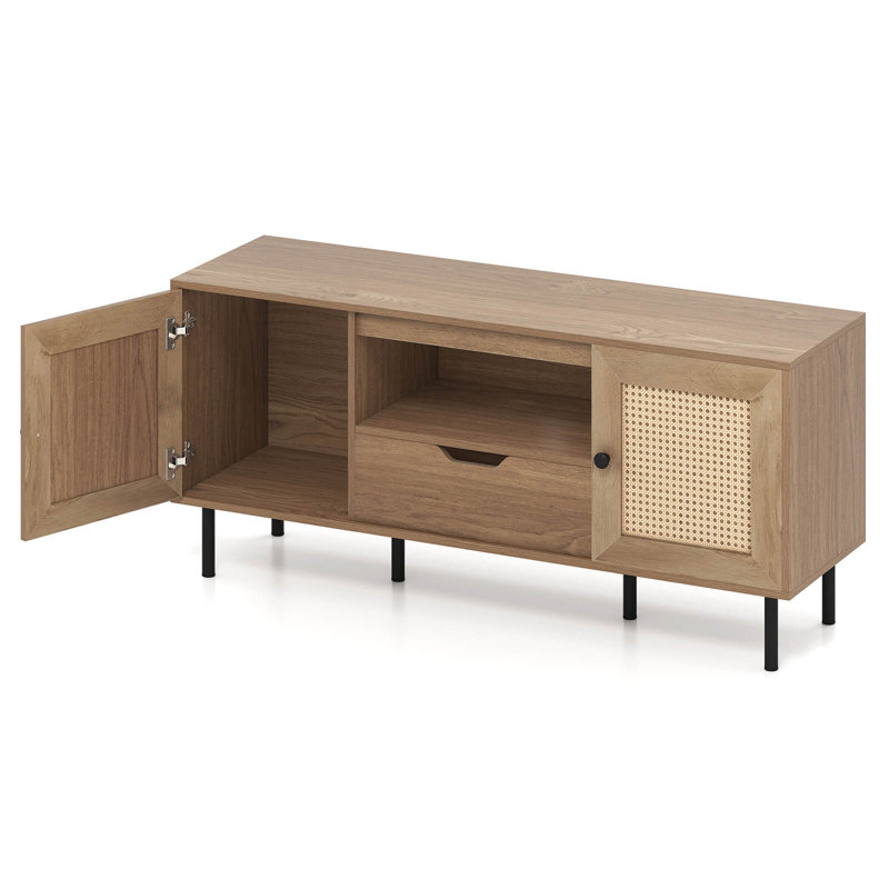 Boho TV Stand for 60 Inch TV with Cabinets, Storage Shelf, Drawer, PE Rattan Doors