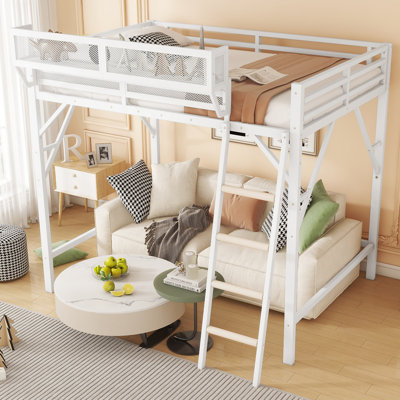 Queen Size Loft Bed With Ladder, Metal Queen Loft Bed With Storage Shelves, High Loft Bed For Kids Teens, White
