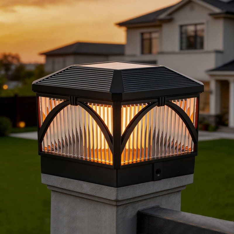 Black Led Solar Led Post Cap Light With Flame Flicker And Standard Mode, Matte Black