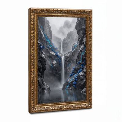 Cascade d'eau dans un canyon gris avec des vignes bleues, art mural