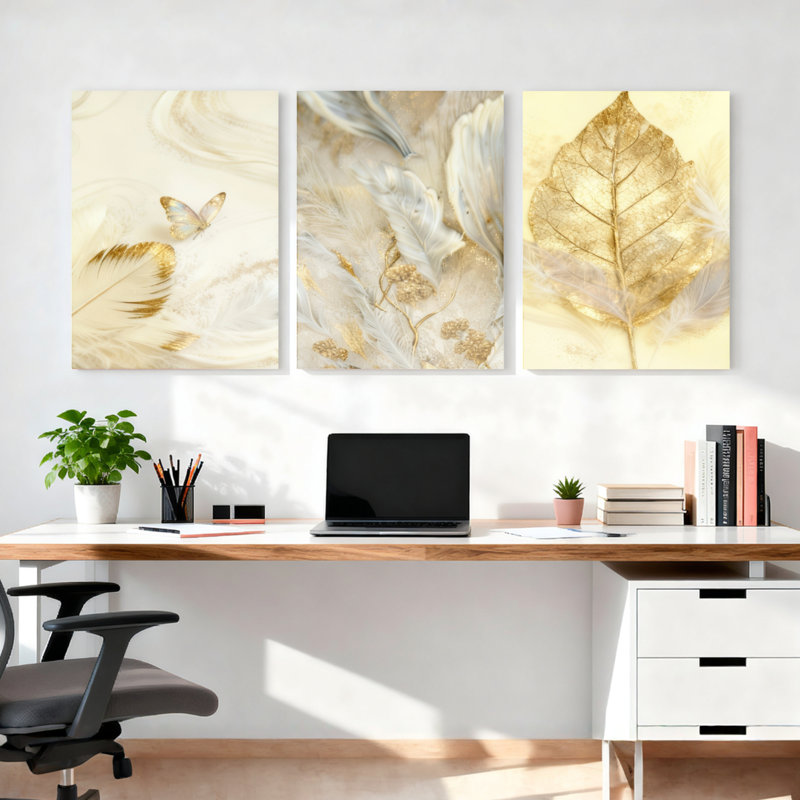 Toile murale abstraite à motif de feuille dorée et de papillon (lot de 3), H 36 po x l 72 po