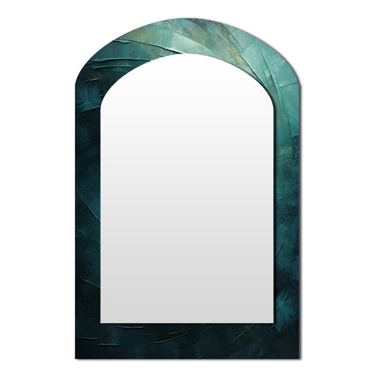 Teal Twisting Tranquility Spiral I - Abstract Spirals Asymmetrical Large Mirror, Modern Arch Decorative Wall Mirror, Printed Metal Art