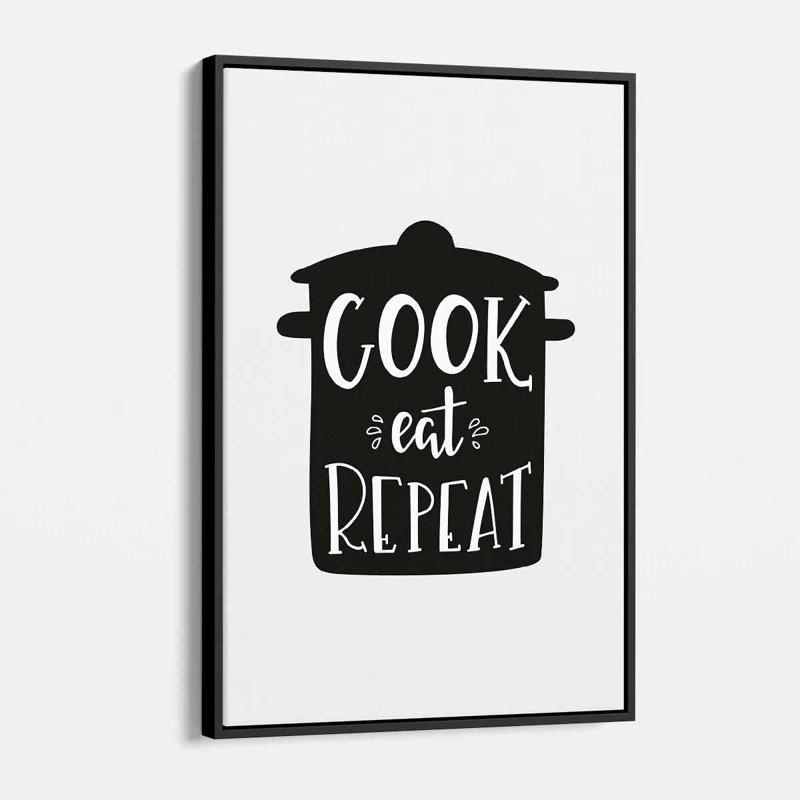 "Floraida White Cook Eat Répétition sur toile", art textuel, H 16 po x l 12 po, Cadre noir