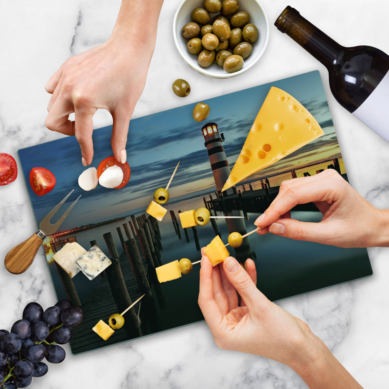 Ambesonne Colorful Cutting Board Large Size Lighthouse Calm Dusk Multicolor