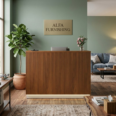 Modern 55" Fluted Front Desk with LED Lighting, Reception Counter with Keyboard Tray & Customizable Storage Cabinet