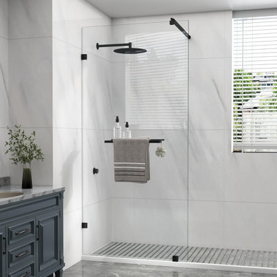 36" W x 76" H Fixed Frameless Shower Screen in Matte Black with Clear Tempered Glass, Stainless Steel Towel Bar, Adjustable Rod