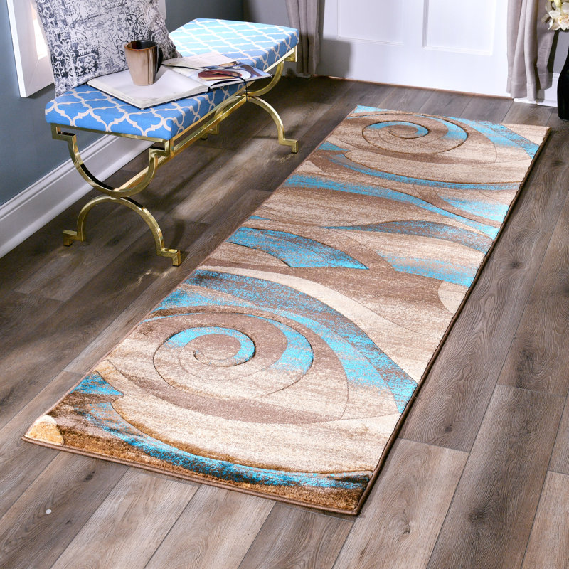 Tapis abstrait bleu / beige Adonia, Tapis de couloir 2 pi 8 po x 11 pi 10 po