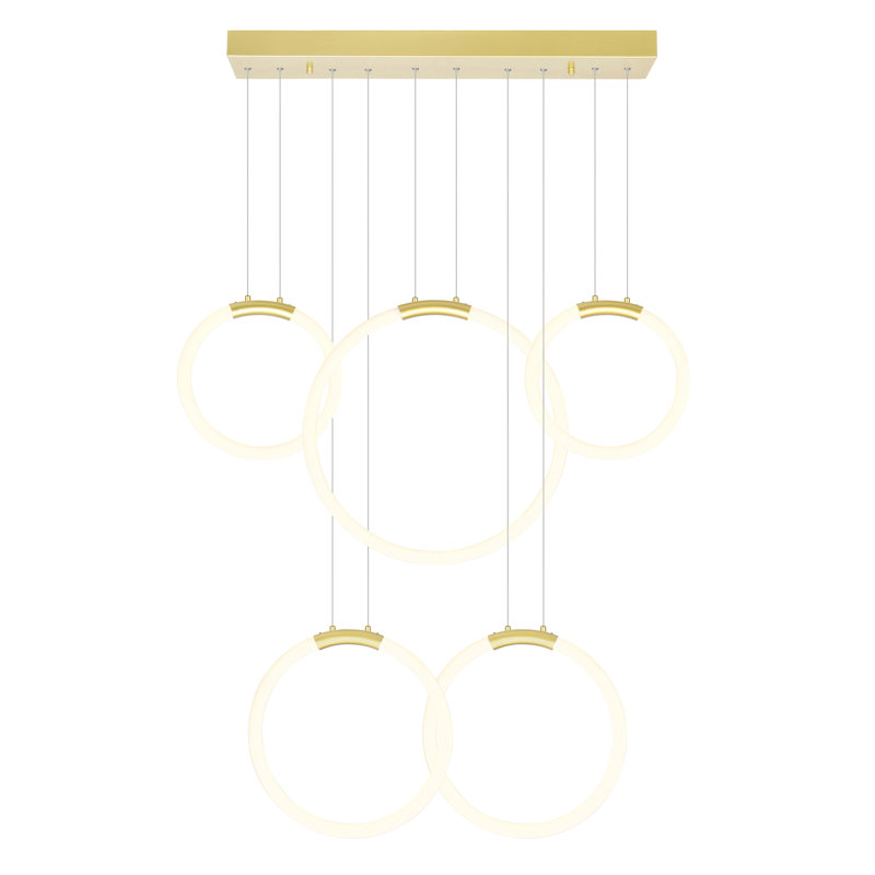 44'' Modern 5-Light LED Chandelier in Satin Gold – Contemporary Ring Pendant Light for Foyer, Stairwell, or Dining Room – Integrated LED, No Bulb Required