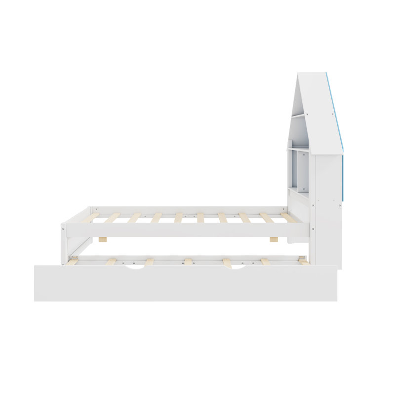 Grand lit en forme de maison avec tête de lit bibliothèque et luminaire à DEL et gigogne pour enfants, bleu +, Simple