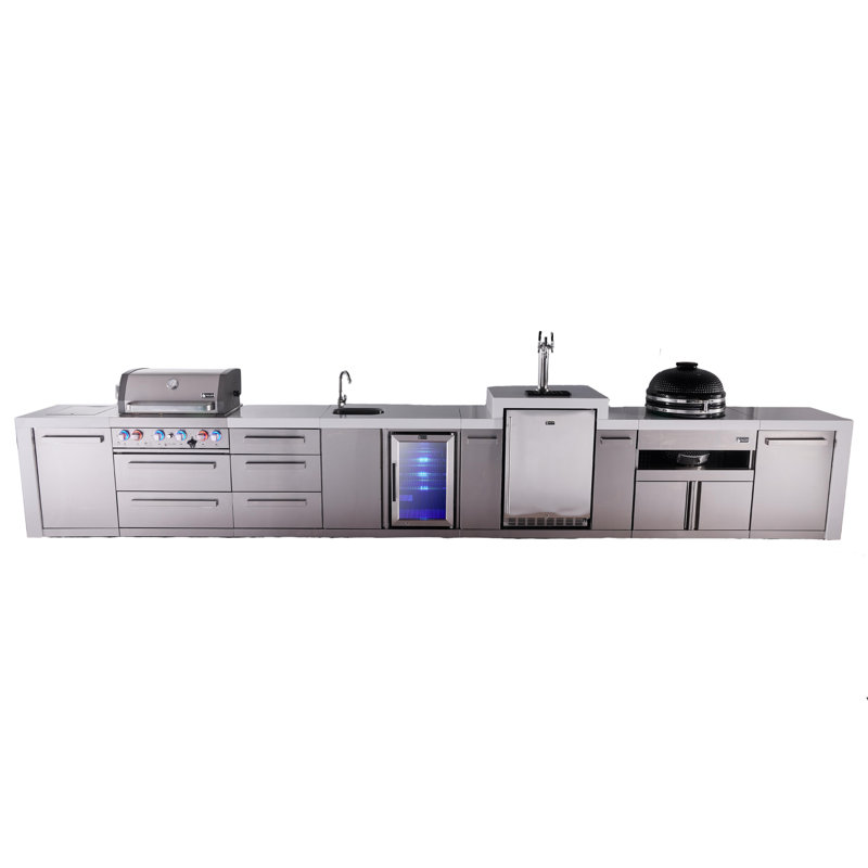 Mont Alpi Premium 4-burner 226" Deluxe Stainless Steel Island Modular Outdoor Kitchen Island Bbq Gas Grill + Side Burner + Beverage Center Faucet Sink + Kegerator + Kamado + Storage Drawers & Cabinets