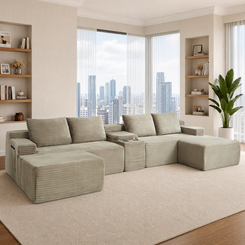 Canapé d'angle modulaire en forme de U sans armature, canapé nuage en tissu velours côtelé avec console de rangement et poufs amovibles, canapé de sol convertible pour salon