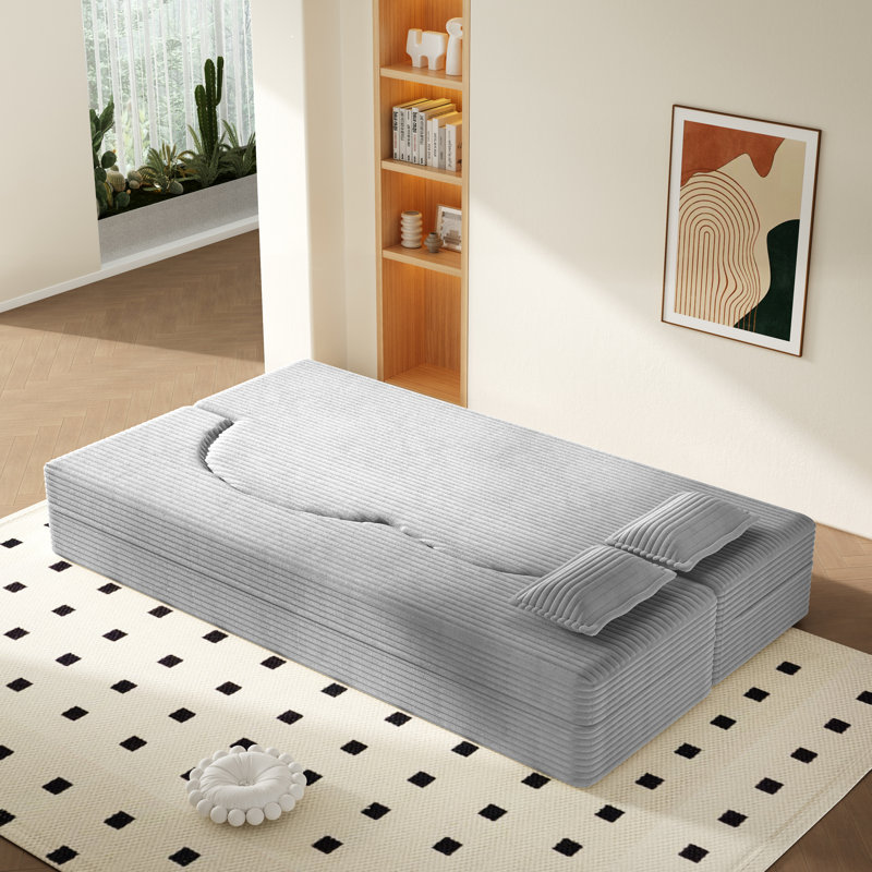 Evren Boneless Modern Minimalist Compression Convertible Floor Sofa Bed with Pillows, Corduroy Light Gray