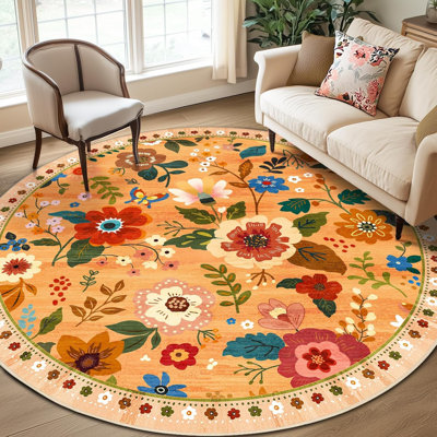 Motif floral de 8 pi avec motif lavable Boho, tapis mignon, antidérapant, fleur à poils courts pour le salon, la chambre, la cuisine, le bureau, la ferme, jaune et orange