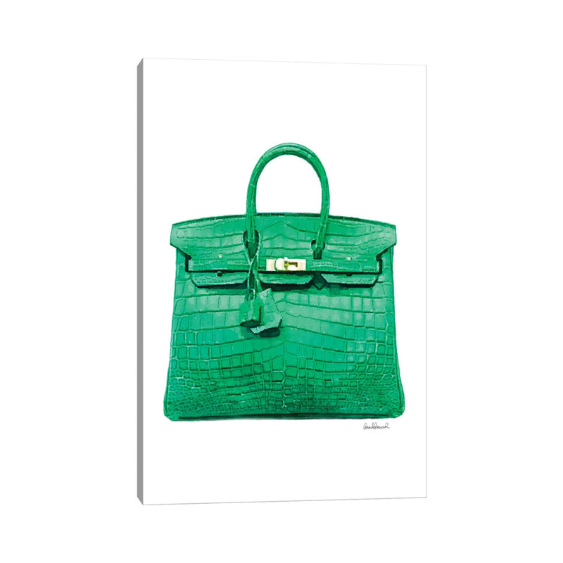 Sac à main vert par Amanda Greenwood - peinture sur toile tendue, H 26 po x l 18 po x 1,5 po