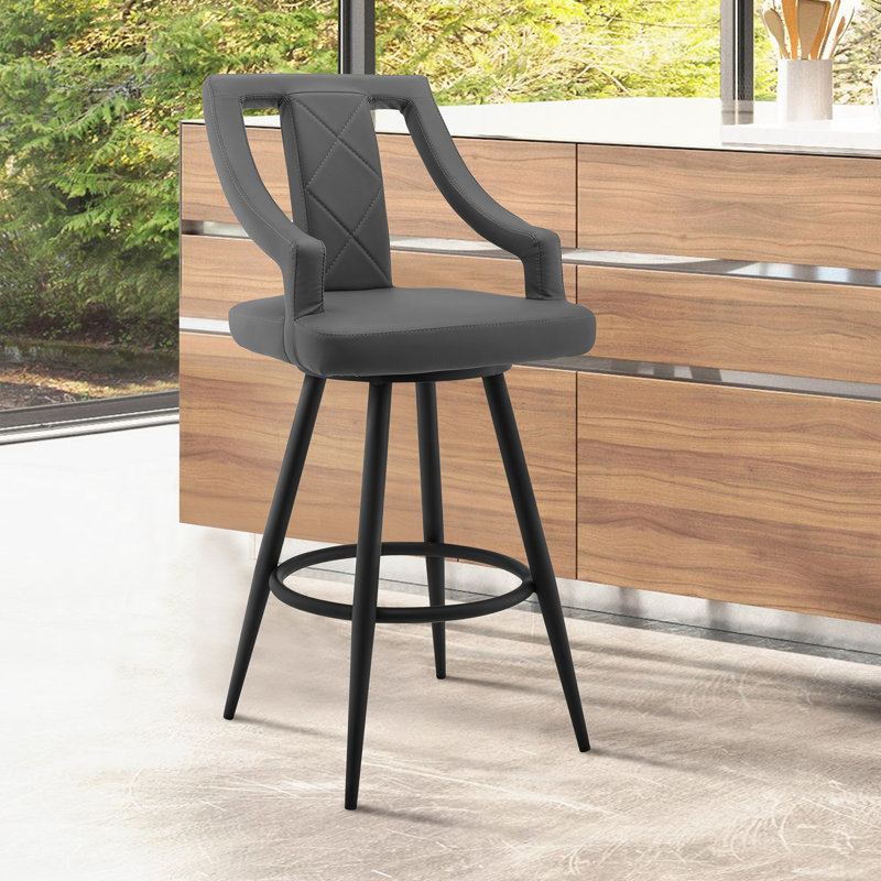 Abhijot Contemporary Swivel Counter or Bar Height Bar Stool with Arms in Faux Leather, and Metal Legs