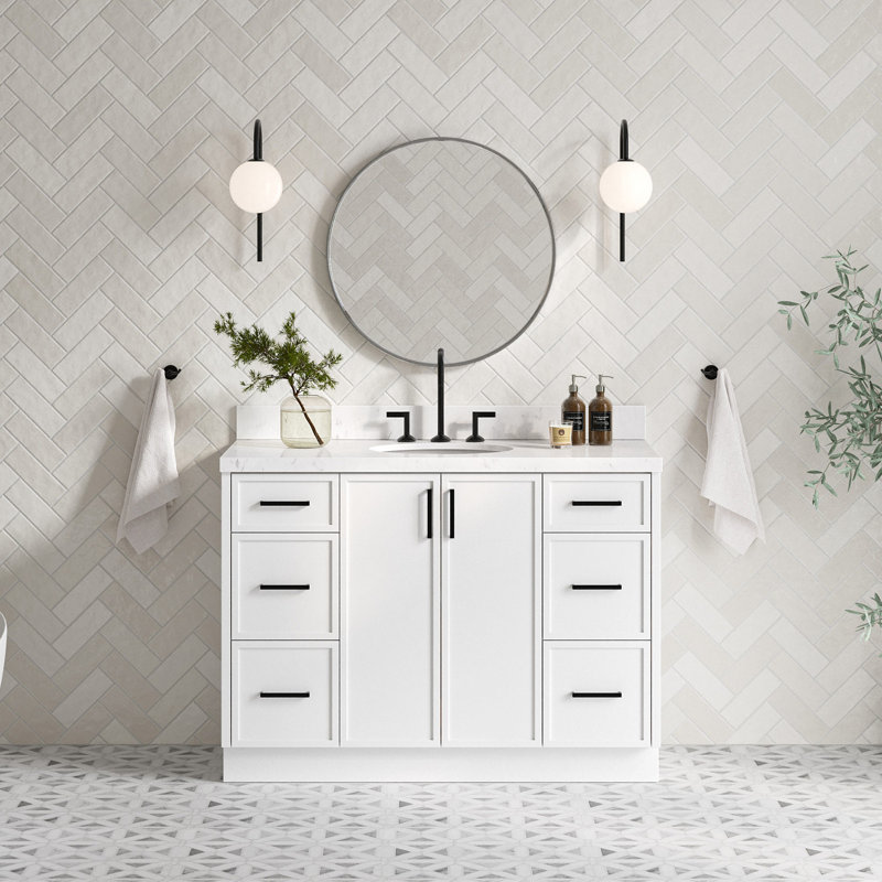 ARIEL Kelly 48 Single Sink Bathroom Vanity with Carrara Quartz Top, White, 48"