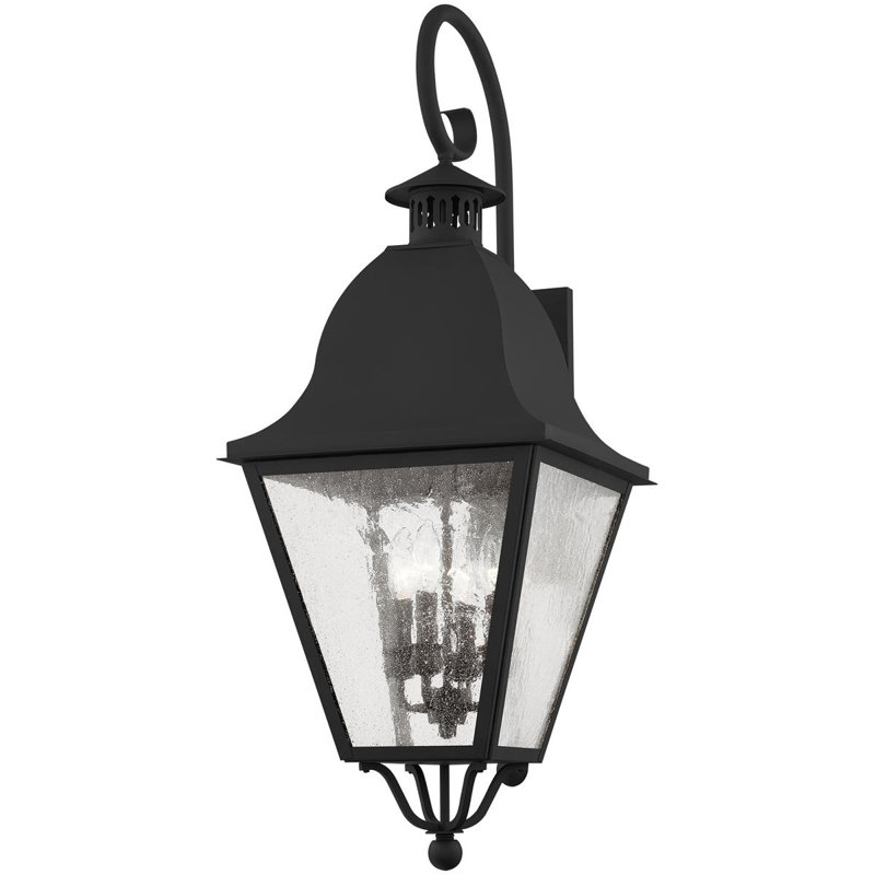 13.5in 4 Light Outdoor Wall Lantern Pendant with Seeded Glass Shade -, Black
