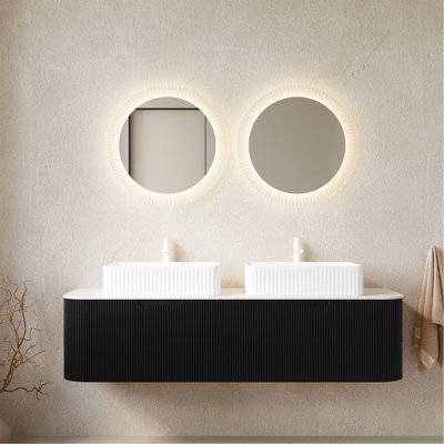 Meuble-lavabo de 60 po avec lavabo et lavabo 60 po, armoires de rangement en contreplaqué à bordures flottantes rayées avec 2 tiroirs, 2 lavabos rectangulaires en céramique blanche et plateau en pierre frittée blanche de Carrare, pré-assemblé, couleur noire