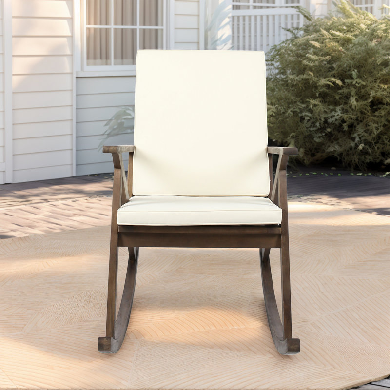 Chaise berçante d'extérieur en bois d'acacia avec coussin, Polyester blanc