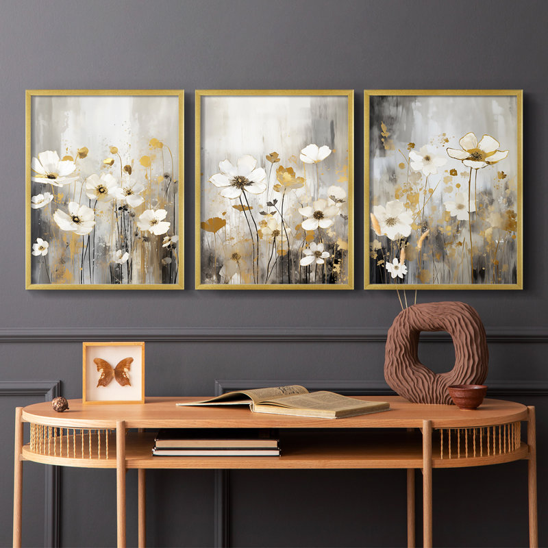 Étude florale CXL -Set de 3 estampes numériques giclées -Prêt à accrocher, Cadre doré, H 20 po x l 16 po