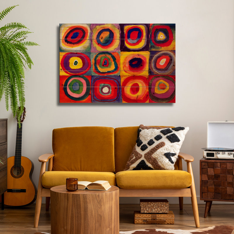 Reproduction d'art mural en bois - carrés avec cercles concentriques par Wassily Kandinsky, H 18 po x l 26 po