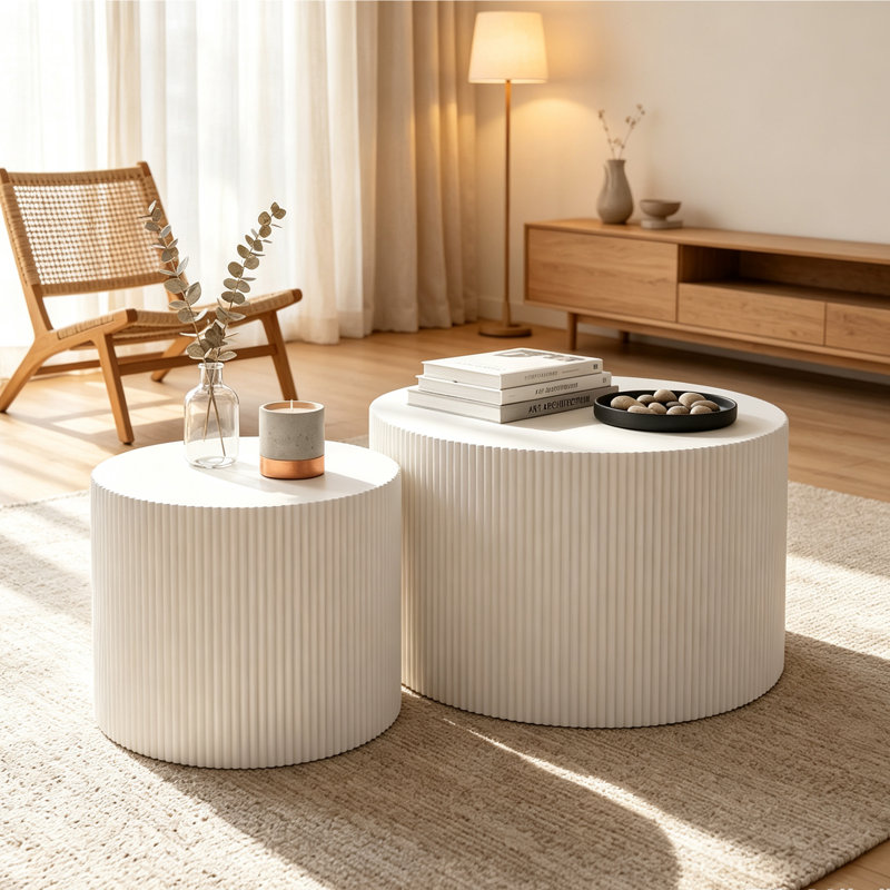 Modern Round Nesting Coffee Table Set of 2 with Fluted Embossed Design, White