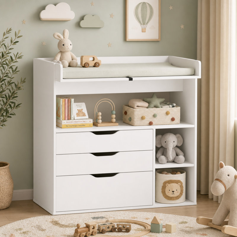 Commode à langer blanche, 3 tiroirs et 3 tablettes de rangement, station à couches en bois